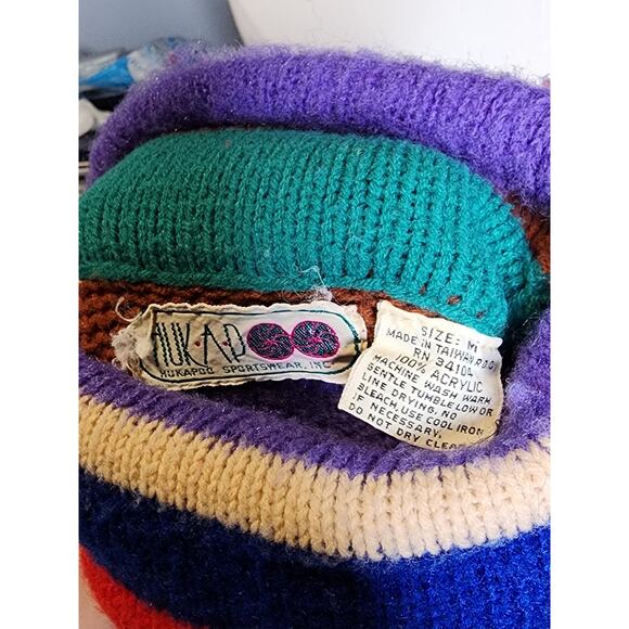 Vtg 70s Hukapoo Colorful Rainbow Striped Funky Turtleneck Knit Unisex Sweater M - Picture 6 of 7